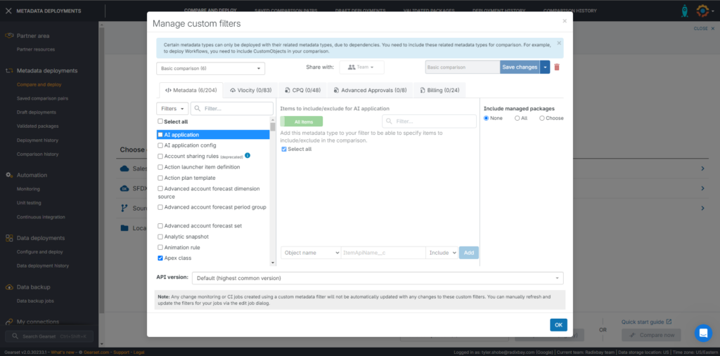Gearset supported metadata types