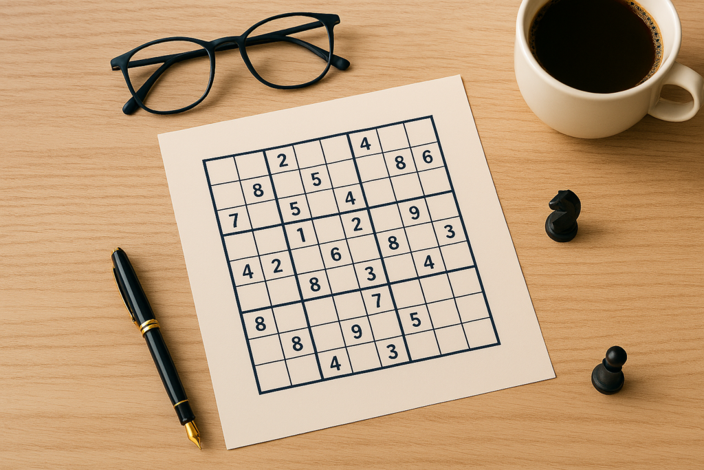 Sudoku puzzle on a wooden desk