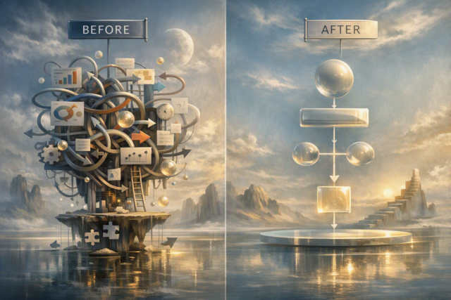 Before-and-after comparison showing a complicated process simplified into a clean streamlined flowchart