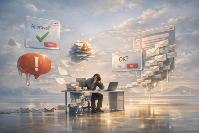 Employee surrounded by overlapping notification popups and approval requests illustrating workflow bottlenecks