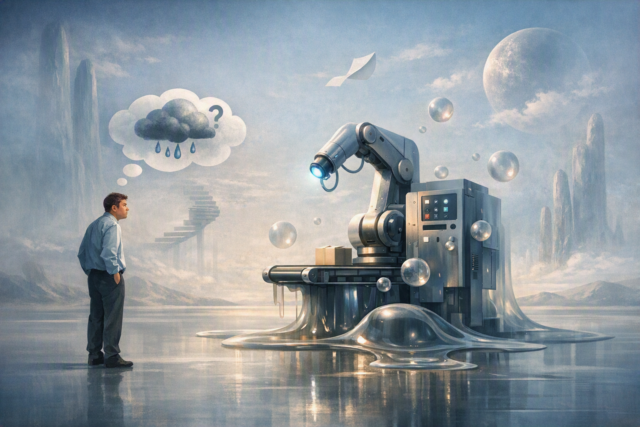 Employee looking cautiously at an automated system with a thought bubble showing concern about job replacement