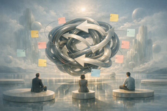 Three people sit on round white platforms, facing a large tangled metal loop with white arrows and colorful sticky notes in a surreal sky.